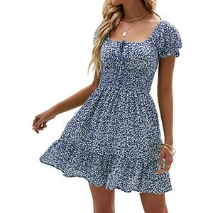 Heysolo Womens Boho Floral Smocked Square Neck Short Sleeve Ruffle Beach Summer Mini Dress, Size Medium