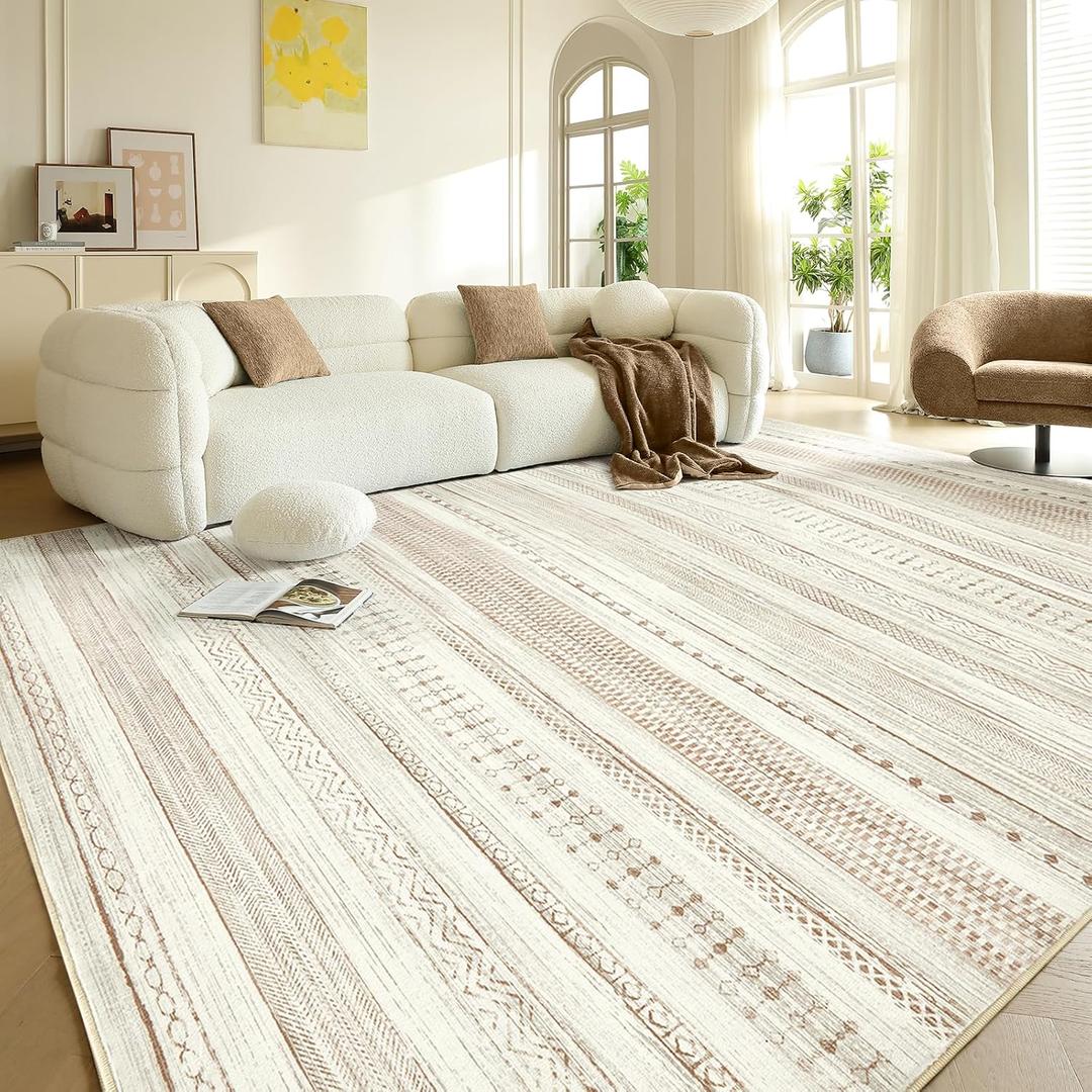 Area Rugs for Living Room: 8x10 Washable Boho Rug for Bedroom Large Neutral Bohemian Moroccan Farmhouse Geometric Dining Room Rugs Ultra Soft Floor Carpet Indoor for Home Office - Brown