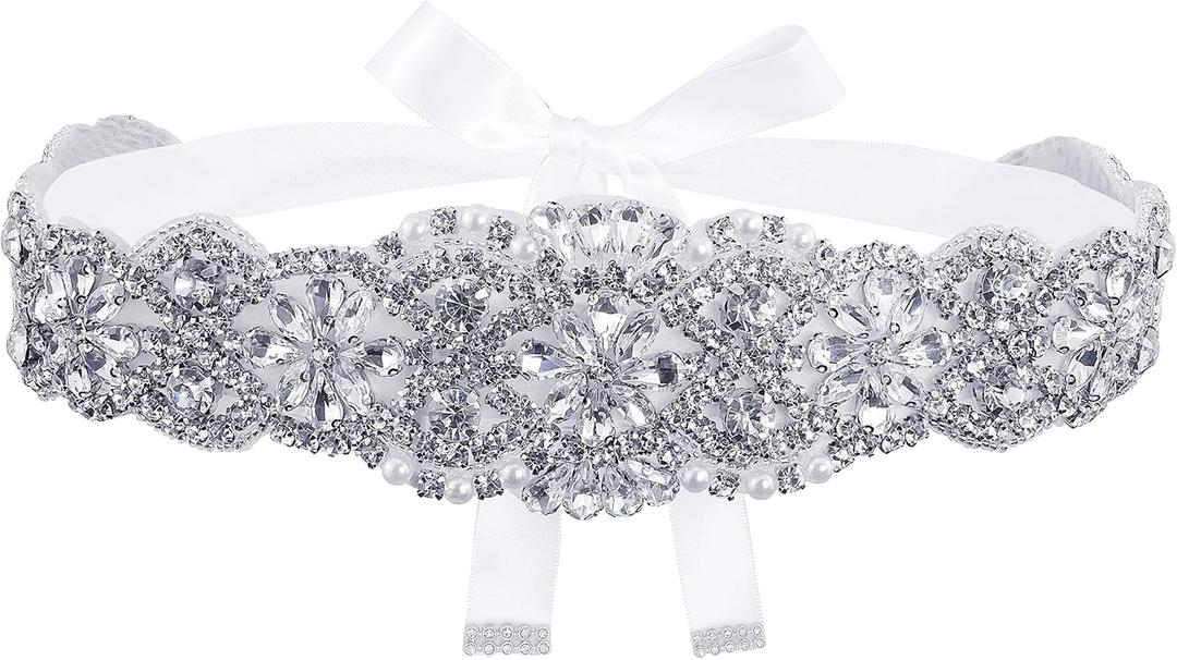 Lovful Bridal Crystal Rhinestone Braided Wedding Dress Sash Belt (White, S)