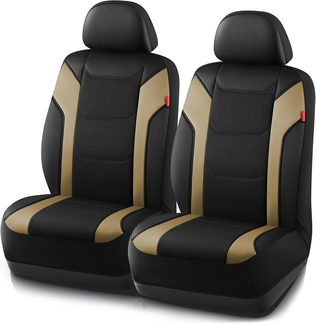 Rubbermaid Leather Car Seat Cover Universal Front Seat Cover, Airbag Compatible, Easy to Install, Water-Resistant and Durable Automotive Seat Cover for Cars, Trucks, SUVs, Vans Beige