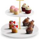 Supabon 2 Tiered White Marble Tray with Gold Metal Stand - Serving Tray for Desserts, Pastries, Cupcakes, Countertop Decor Display Stand, Detachable White Marble Plates with Gold Metal Handle