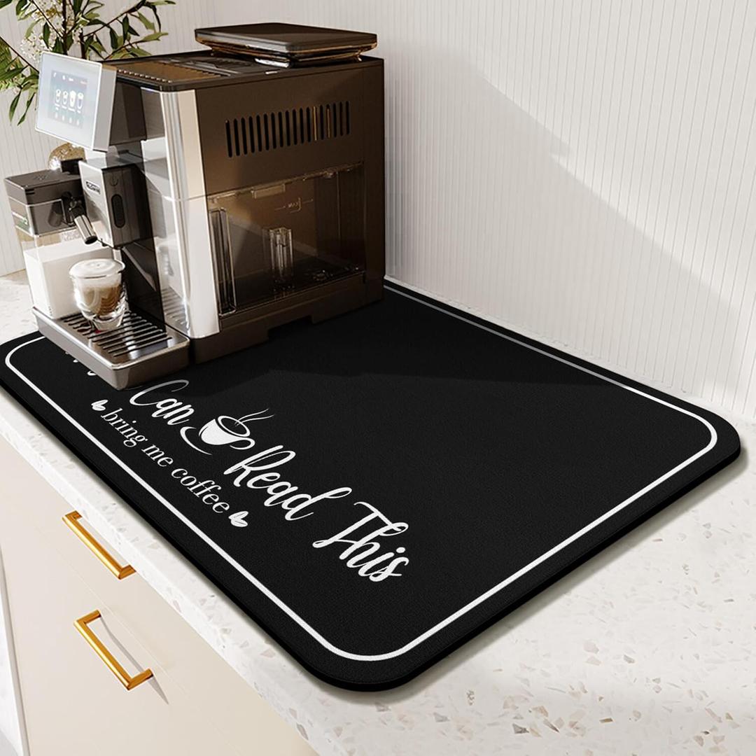 Coffee Bar Mat for Countertops 19inx12in,Absorbent Hide Stain Anti-Slip Cafe Bar Accessories Fit Under Coffee Machine Mat,Dish Drying mats for Kitchen Counter (Black)