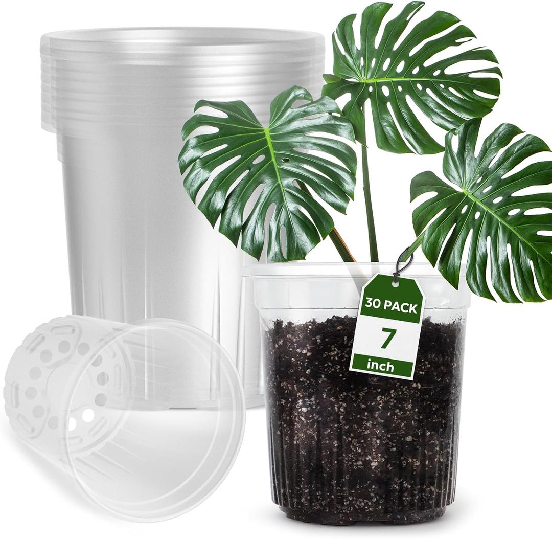 Bluepro 30 Packs 1 Gallon Reinforced Clear Nursery Pots with Drainage Holes, 7 Inch Transparent Plastic Plant Pot Seedling Planter for Vegetable Propagation, Root Cutting, Seed Starting