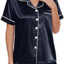 YIJIU Womens Satin Silk Pajamas Set Short Sleeve Button Down Top and Shorts Sleepwear Comfy 2 Piece Pjs Set Loungewear, Navy Blue, M