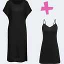 VOTEPRETTY Womens Two Piece Cover Ups Sets Crochet Beach Vacation Summer Swimwear Short Sleeve Outfits Split Knit Long Dress (Black)