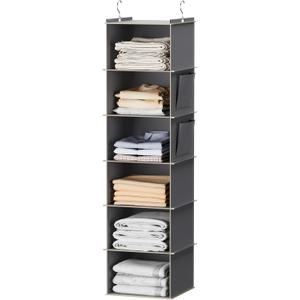 Hanging Closet Organize and Shelves, 6-Hanging Shelf with 2 Side Pockets，Storage Foldable (Grey)