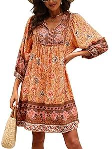 Qearal Women's Casual V Neck 3/4 Sleeve Boho Floral Printed Loose Short Flowy Summer Beach Vacation Dress (Medium, Orange)