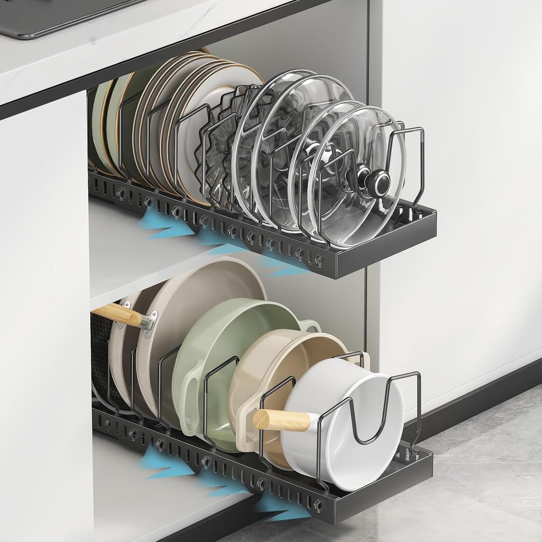 Pots and Pans Organizer Under Cabinet, Pull Out Pots and Pans Organizer, Under Cabinet Pot Lid Holder, Sliding type Pots and Pans Storage for Pot Lid, Bakeware, Dishes, 10 Adjustable Dividers