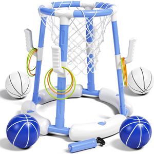 Pool Basketball Hoop&Ring Toss Game 2-in-1 Floating Pool Toy with 4 Balls 8 Rings&Pump,Outdoor Swimming Basketball Party Games Water Play Toy Anti-Tip Stable Base Summer Gift for Kid 4-8 8-12& Adult