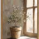 Vintage Olive Tree Wall Art, Rustic Botanical Pictures Wall Decor Painting 3D Textured Sandstone Retro Farmhouse Poster Picture Print for Bedroom Living Room 16x24 inch Wood Framed