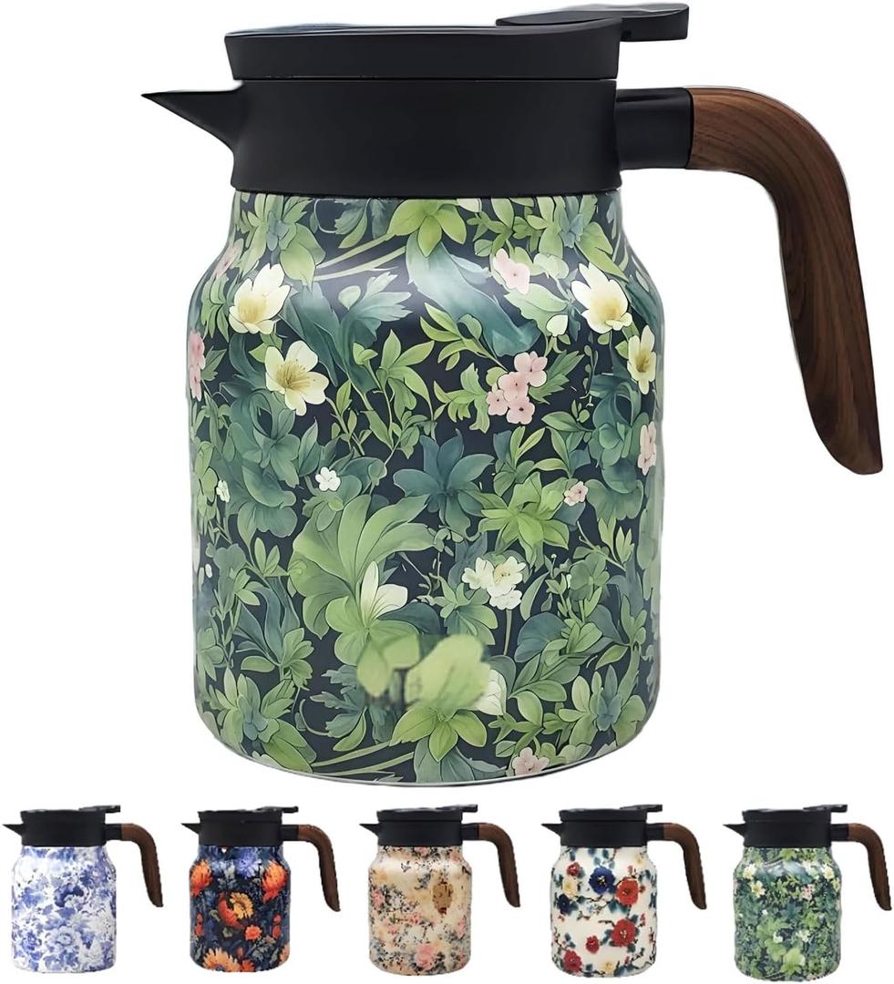 Vintage Pattern Coffee Carafes, 35 Oz/1 Liter  Hot and Cold with Infuser, Perfect for Parties/Home Us (Green Flower)