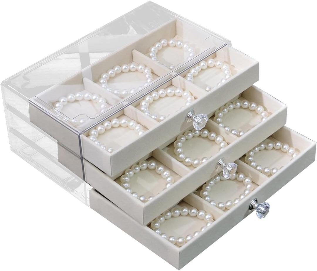 Bracelet Storage Box with 3 Drawers Bangle Organizer Display Case Clear 18 Grids Velvet Jewelry Organizer for Women Girls (Beige)