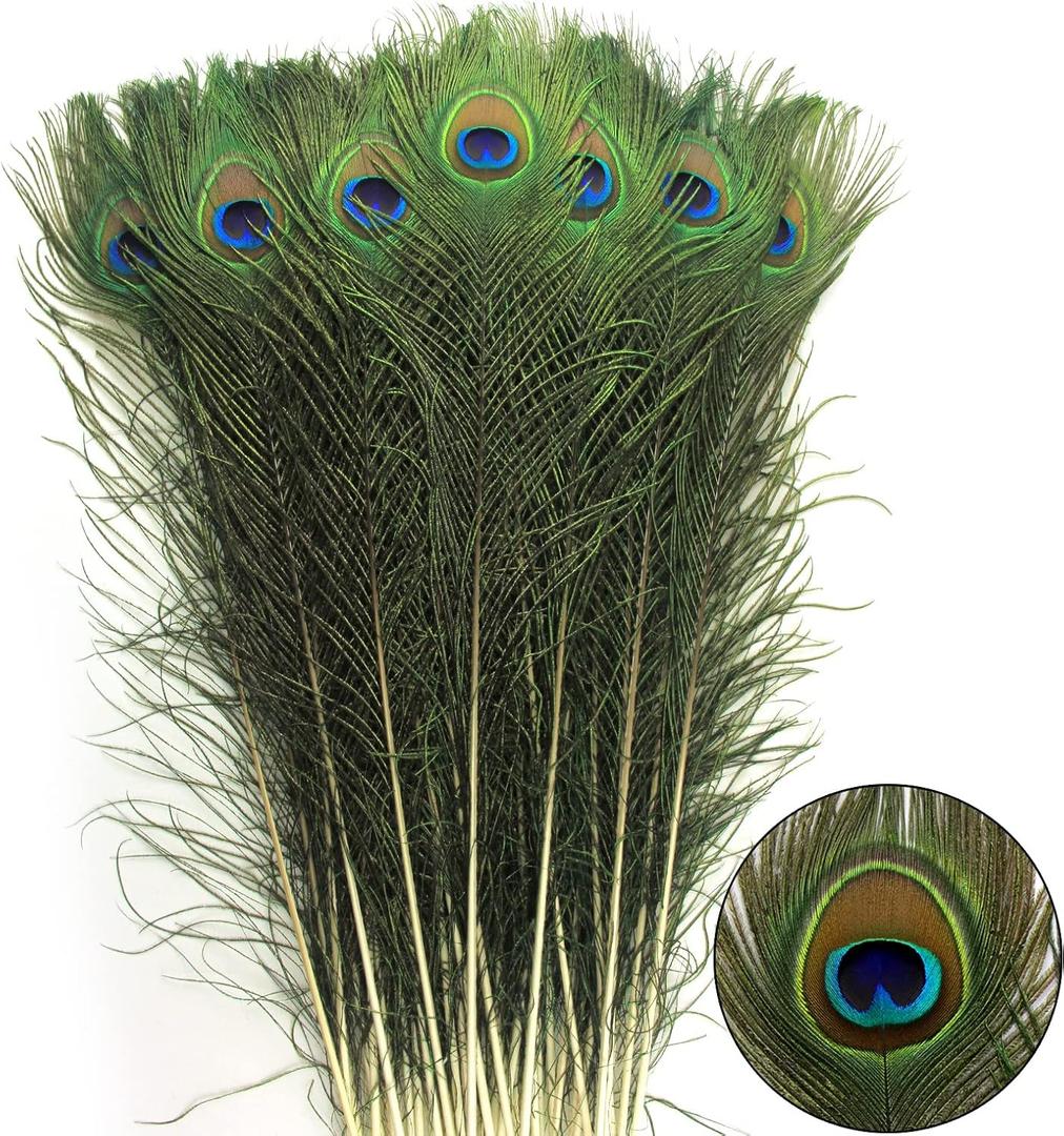 THARAHT 24pcs Peacock Feathers Natural Long in Bulk 30-32 inch(75-80 cm) for Floral Arrangements DIY Craft, Wedding Home Party Holiday Decoration Peacock Feathers