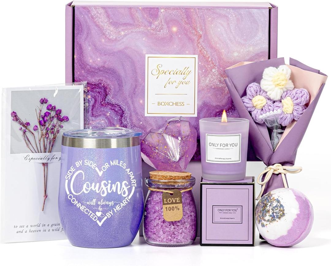 Cousin Gifts for Women, Cousins Birthday Gift Ideas Box for Women Female, Promoted to Big Cousins, Best Cousin Ever Tumbler Set Get Well Soon Self Care 7pcs Basket for Christmas, Mothers Day