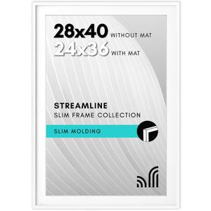 Americanflat 28x40 Poster Frame with Polished Plexiglass - Use as 24x36 Frame with Mat or Display 28x40 Photo Without Mat - Streamline Collection - Thin Border Picture Frames for Wall - White