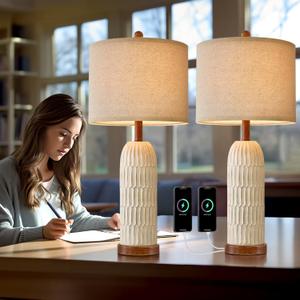 OYEARS 26.5" Table Lamp Set of 2 for Bedroom Living Room with USB A+C Charging Ports Modern Farmhouse Bedside End Lamps Rustic Nightstand Lamps,Brown