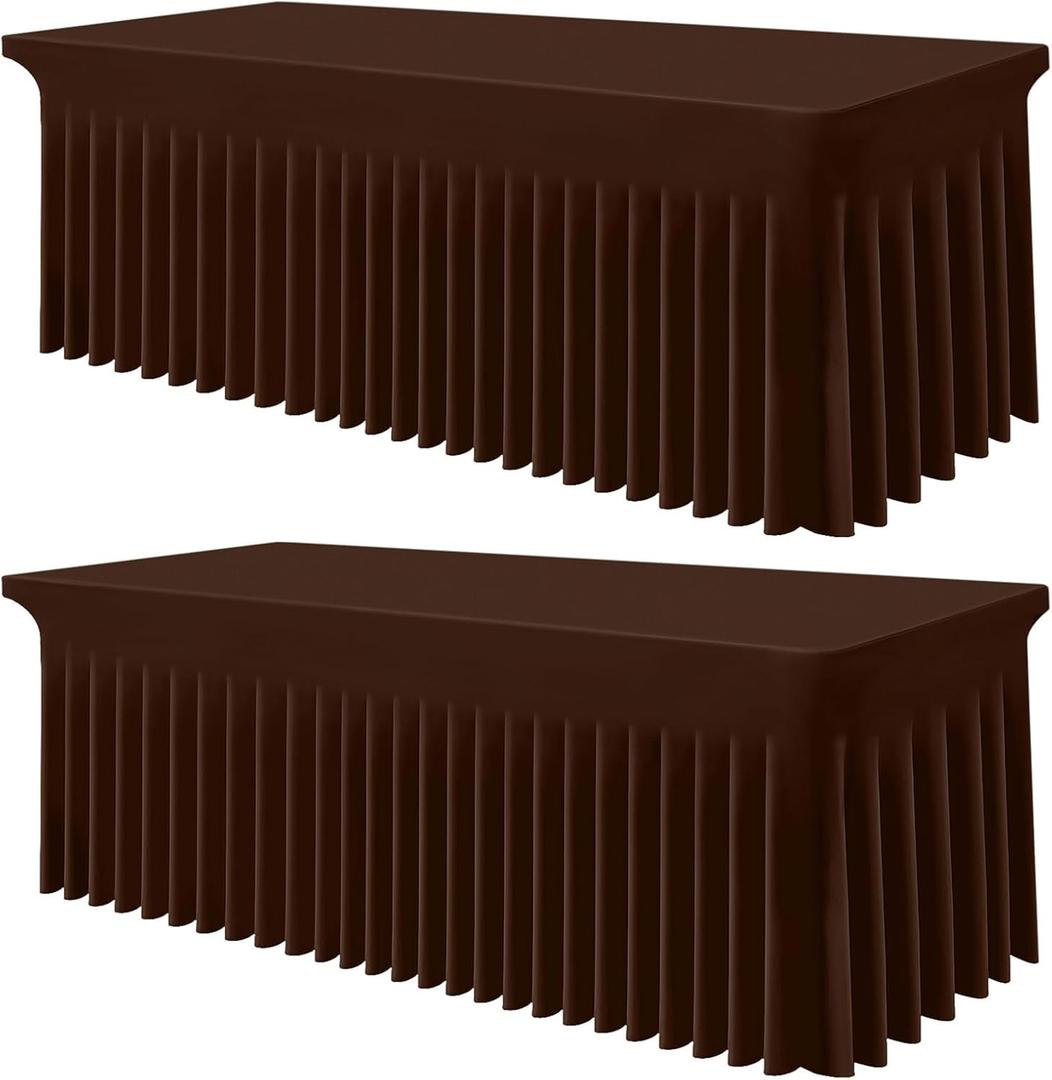 Smiry Spandex Tablecloth 2 Pack, Elastic Fitted Stretch Tablecloth for 8FT Rectangle Tables, Waterproof Washable Table Cover Skirt for Wedding, Banquet & Parties (Coffee, 96Lx30Wx30H Inch)