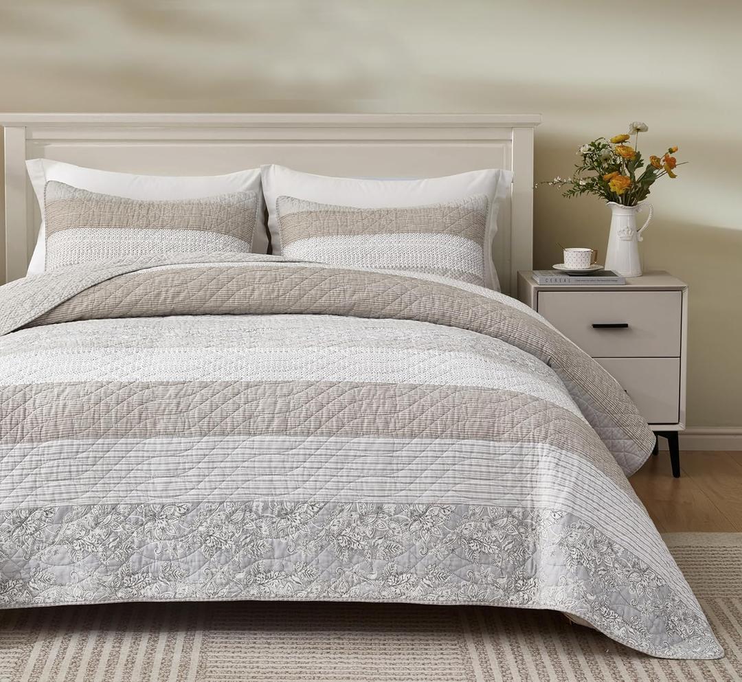 Chezmoi Collection Robyn 3-Piece Neutral Taupe Gray White Floral Hibiscus Flower Patchwork Striped Quilt Set - Pre-Washed Cotton Coverlet - Lightweight Reversible Bedspread, Queen Size