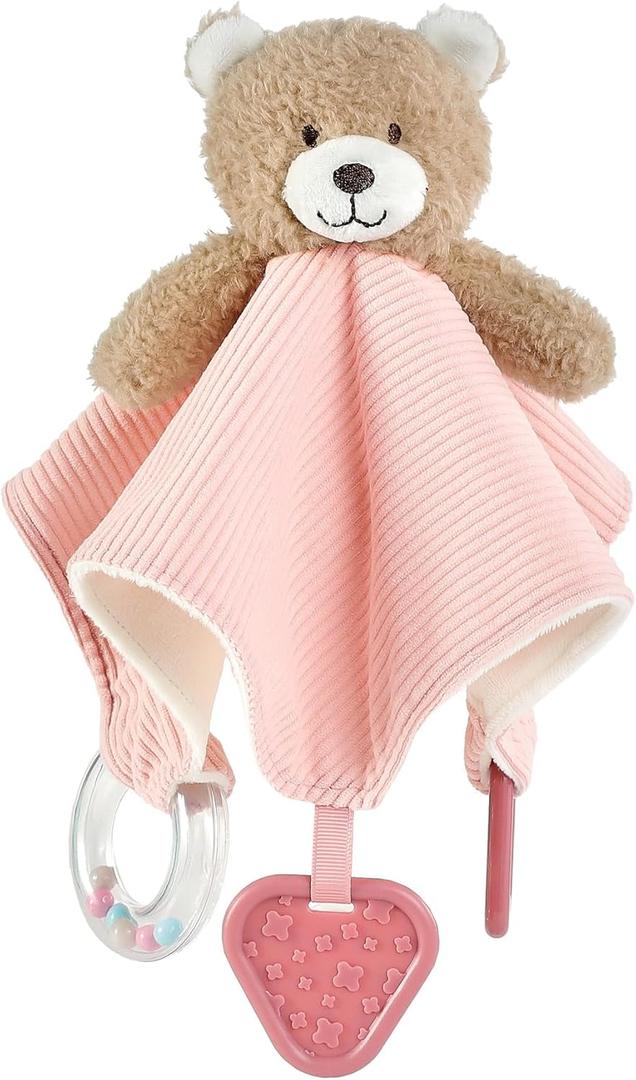 CREVENT 3-in-1 Baby Lovey Blanket with Teether & Rattle | Plush Chewable Animal Head Security Blanket, Birthday Gift - Pink Bear
