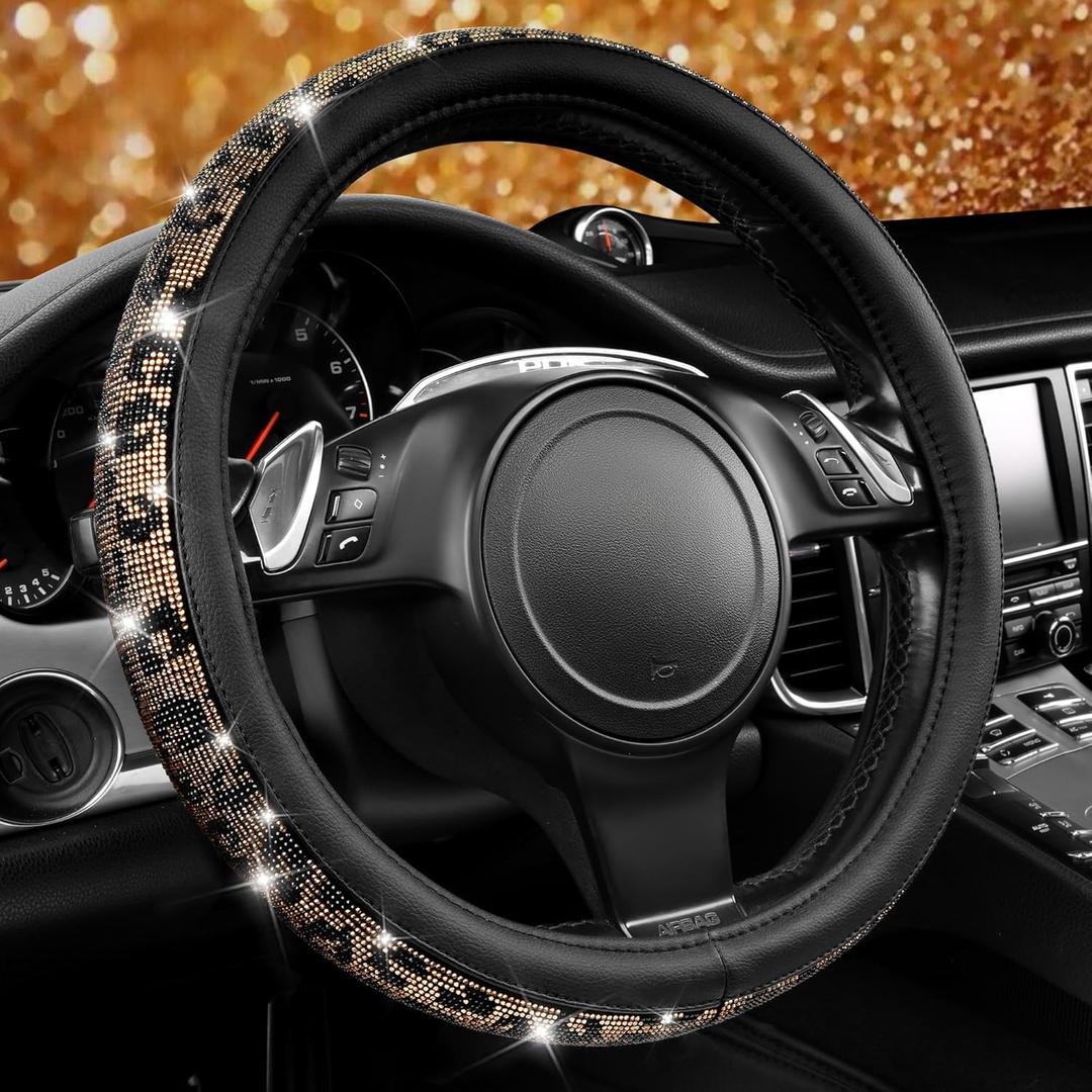 CAR PASS Bling Diamond Steering Wheel Cover Leopard Pattern, Sparkly Crystal Glitter Rhinestones Black Leather Wheel Protect for Women Girl Fit Suvs,Vans,Sedans,Cars,Trucks, 14" 1/2-15" Gold Leopard