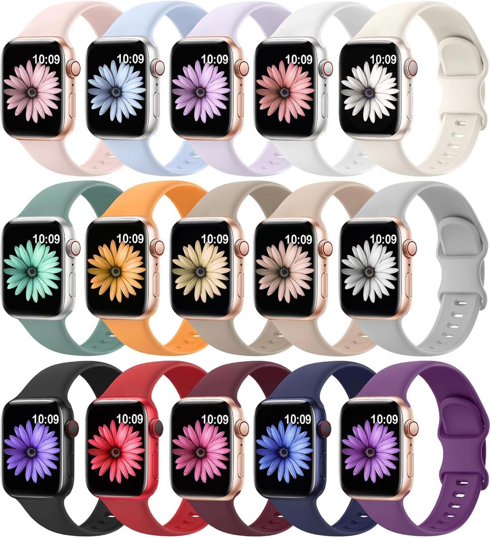 15 Pack Soft Silicone Bands Compatible with Apple Watch Band 40mm 41mm 38mm 45mm 44mm 42mm 46mm 49mm for Women Men, Sport iWatch bands Replacement Strap Wristbands for iWatch SE Series 10 9 8 7 6 5 4 3