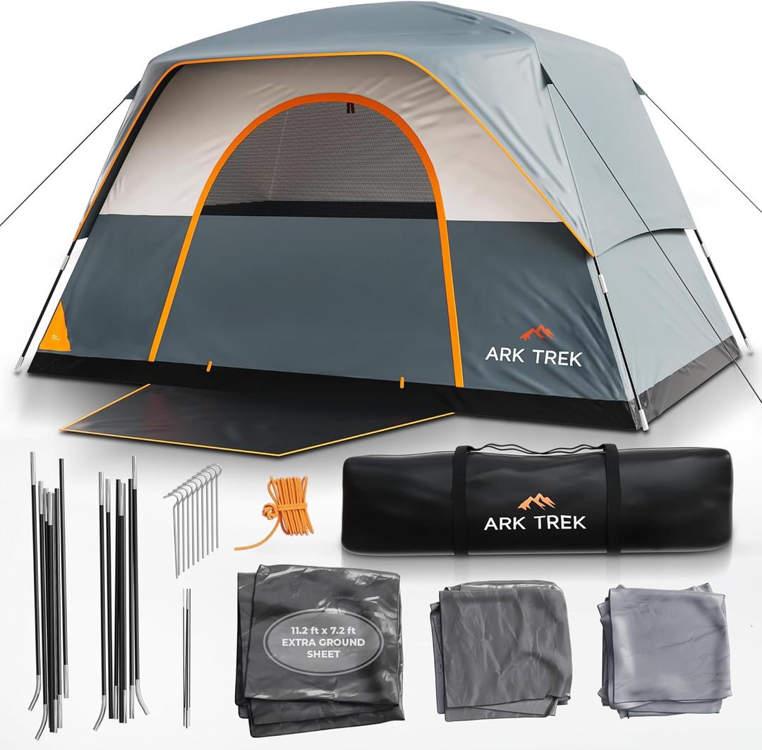 ArkTrek 6 Person Tents for Camping-Robust Family Camping Tent Cabin w Ground Sheet, Rainfly Cover, Powerport-Comfy Large Quick, Waterproof Pop up Camping Tent for Picnics Fishing Hiking (Orange/Light Gray)