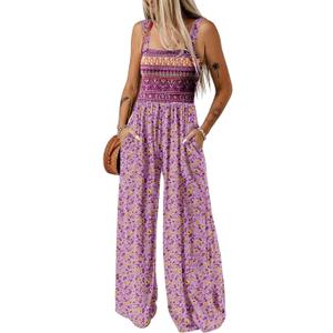 Happy Sailed Jumpsuits for Women Summer Casual Floral Print Sleeveless Jumpsuit High Waist Wide Leg Pant Rompers with Pockets (Pink)