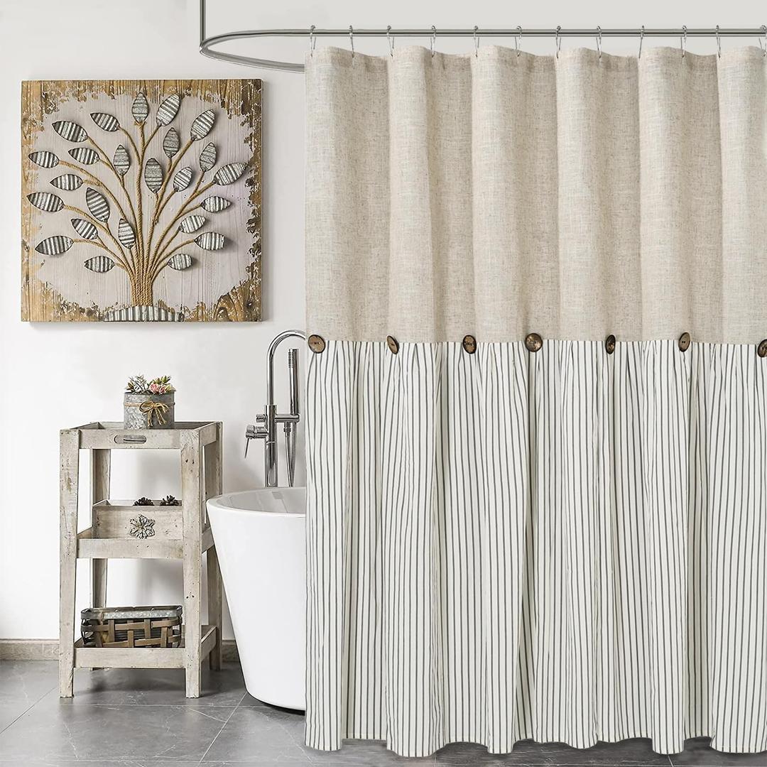Farmhouse Shower Curtain,Beige and Gray Stripe,Button Curtain,Linen and Cotton Woven Fabric,Rustic Charm Country Chic Style,72x72 in
