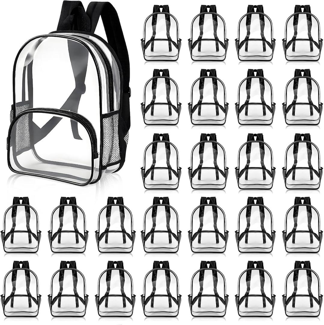 30 Pcs Clear Backpack Bulk PVC Large Waterproof Transparent Bookbags for Nonprofit Donation Sports Stadium Work Travel (15.7 Inch,Black)