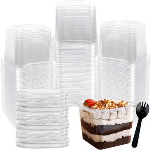 Rainmae 12 oz Disposable Plastic Dessert Cups with Lids Parfait Cups with Lids Fruit Cups with Lid Appetizer Cups Sporks Square Clear Cups for To Go Iced Coffee, Bubble Boba Tea, Milkshake 50-Pack