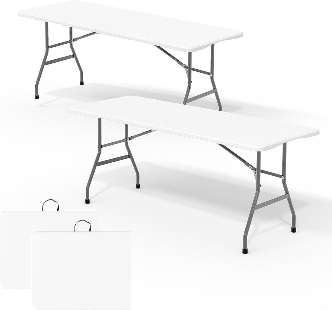 6FT Portable Folding Table 2 Pack, HDPE Foldable Table with Carry Handle | All Weather for Camping, Parties, Picnic & Events Indoor Outdoor - White