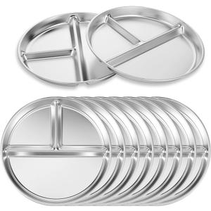8 Pcs Stainless Steel Divided Plates, 9 Inch Round Metal Portion Control Plates Unbreakable Stainless Steel Dish Plate for Balance Lunch, Bariatric, Diabetic Diet