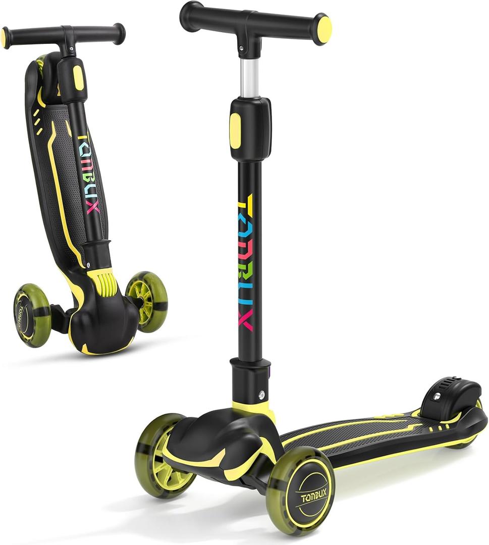 TONBUX Kids Scooter, Light Up 3 Wheel Kick Scooters for Kids 3-12, Folding Scooters with Adjustable Height - Toddler Scooter Lean-to-Steer & Widen Anti-Slip Deck (Yellow)