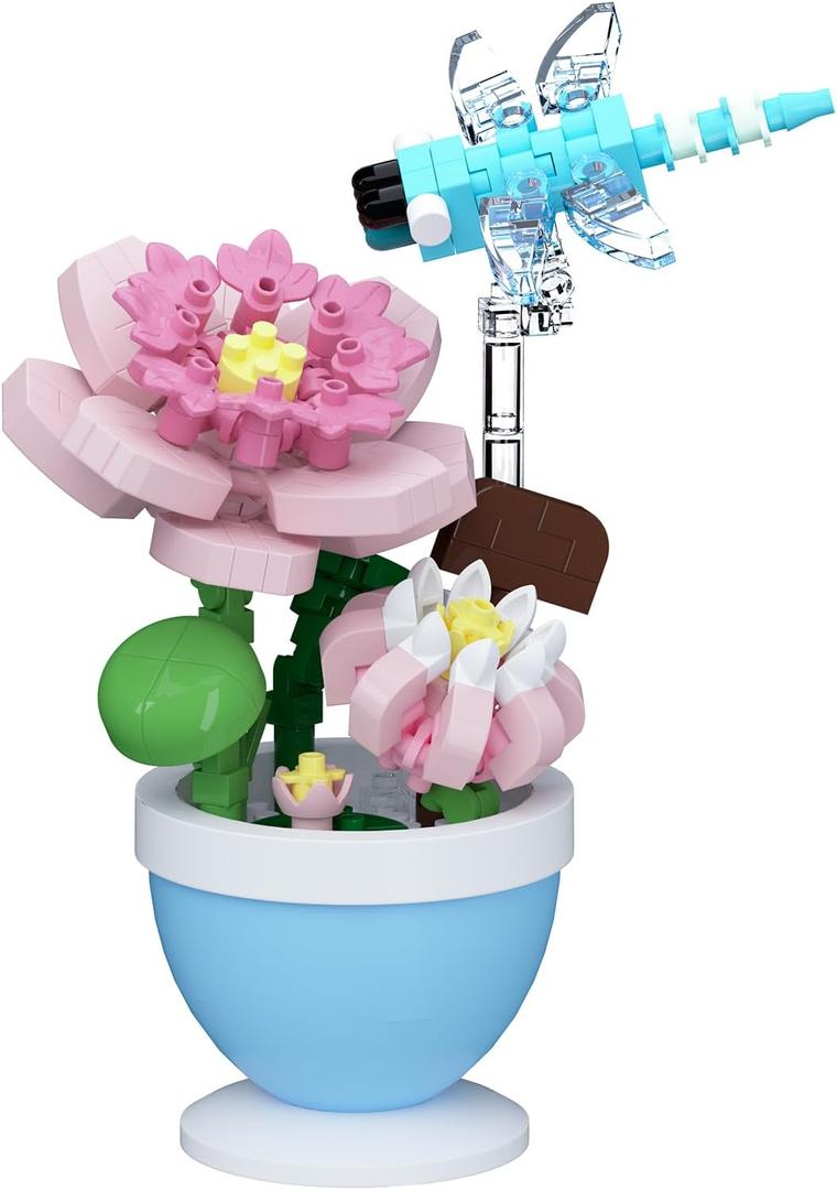 Mini Flower Bonsai with Cute Insects Lotus Dragonfly - DIY Potted Plant Building Blocks for Kids and Adults, Botanical Collection Decor Toy