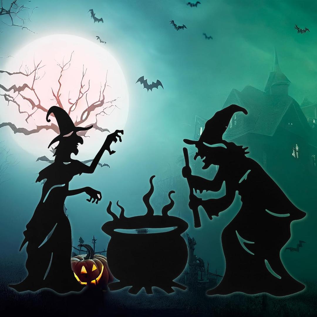 2 x Halloween Witch Yard Decorations Witch Silhouette Yard Stakes with Cauldron,Set of 3 Metal Halloween Yard Stakes for Spooky Decorations Garden Lawn
