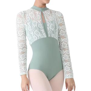 Dance Elite - Femm - Floral Lace Yoke shoulder and sleeve Dance leotard. Leotards for Women Ballet and Dance (Medium, Sage Green)