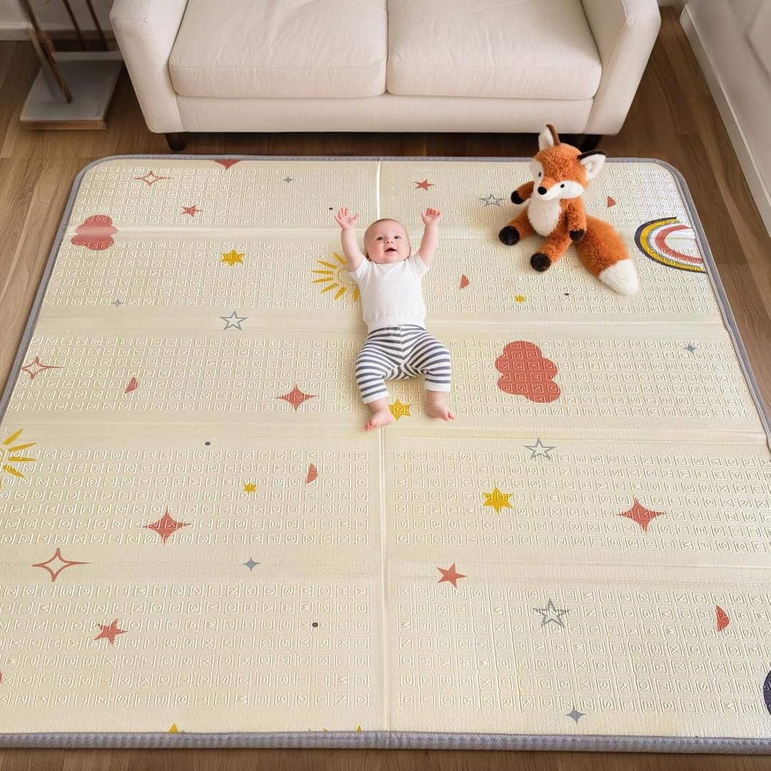 Mallify Extra Large Foldable Play Mat, Reversible Baby Play Mat with Edge Reinforcement, Non-Toxic & Waterproof Baby Mat for Floor, Foam Playmat with Travel Bag, Rainbow, Cloud & Moon, 79"x71"