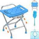 Height Adjustable Folding Shower Chair Seat, Stainless Steel Shower Chair for Inside Shower w/Crossbar, 420LB Portable Travel Shower Stool, Safety Anti-slip Bath Chair for Seniors, Adults,Blue