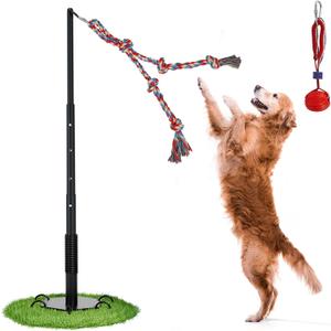 Outdoor Tug of War Dog Toy, Tether Interactive Dog Tug Toy Backyard Heavy-Duty Dog Solo Play Exercise Toy for Large Medium Dogs, Height Adjustable, 2 Rope Toys