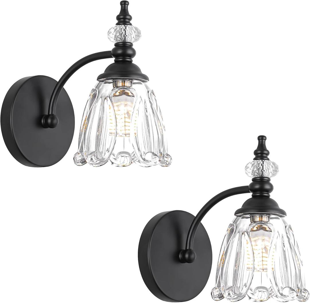 Vintage Black Wall Sconces Set of Two, Matte Black Bathroom Vanity Light Fixtures, G9 Bulbs Bathroom Sconces Set of 2, Glass Wall Lights for Bathroom, Bedroom, Hallway