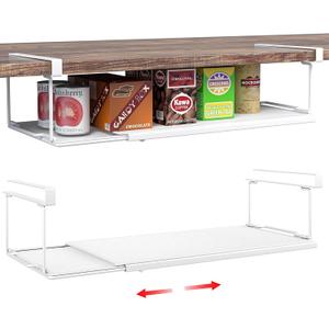 Expandable Under Cabinet Shelf, Extendable Under Shelf Storage with 0.94 Inches Thick Clips for Pantry Cabinet, Laundry Room, Shoe Rack. (White, 2 Pack, Interior: 3.66" H x 8.26" D)