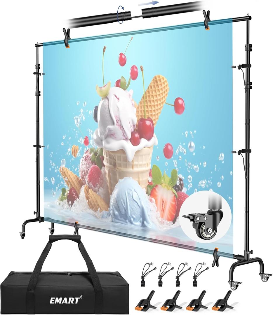 EMART 10x7.7ft Rolling Backdrop Stand with Wheels, Adjustable and Movable Photo Backdrop Banner Stand for Studio Photography, Wedding, Party Decoration, Video Recording, Events Decoration
