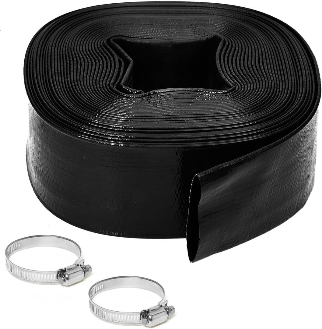 2 inches x 50 FT Heavy-Duty PVC Swimming Pool Backwash Hose, Reinforced Discharge Hose with Clamp for Swimming Pools, Black