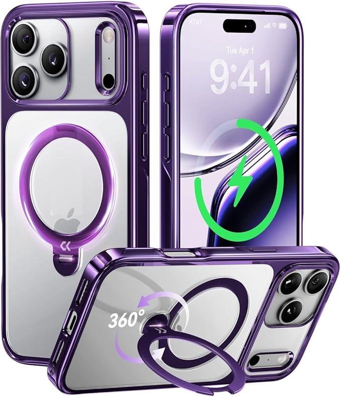 CASEKOO Rose Gold Glossy Designed for iPhone 17 Pro Case with 360 Spin Magnetic Stand [Fit for MagSafe][17FT Military Protection] Slim Polished Frame Titanium Alloy Sturdy Stand 6.3'', Purple