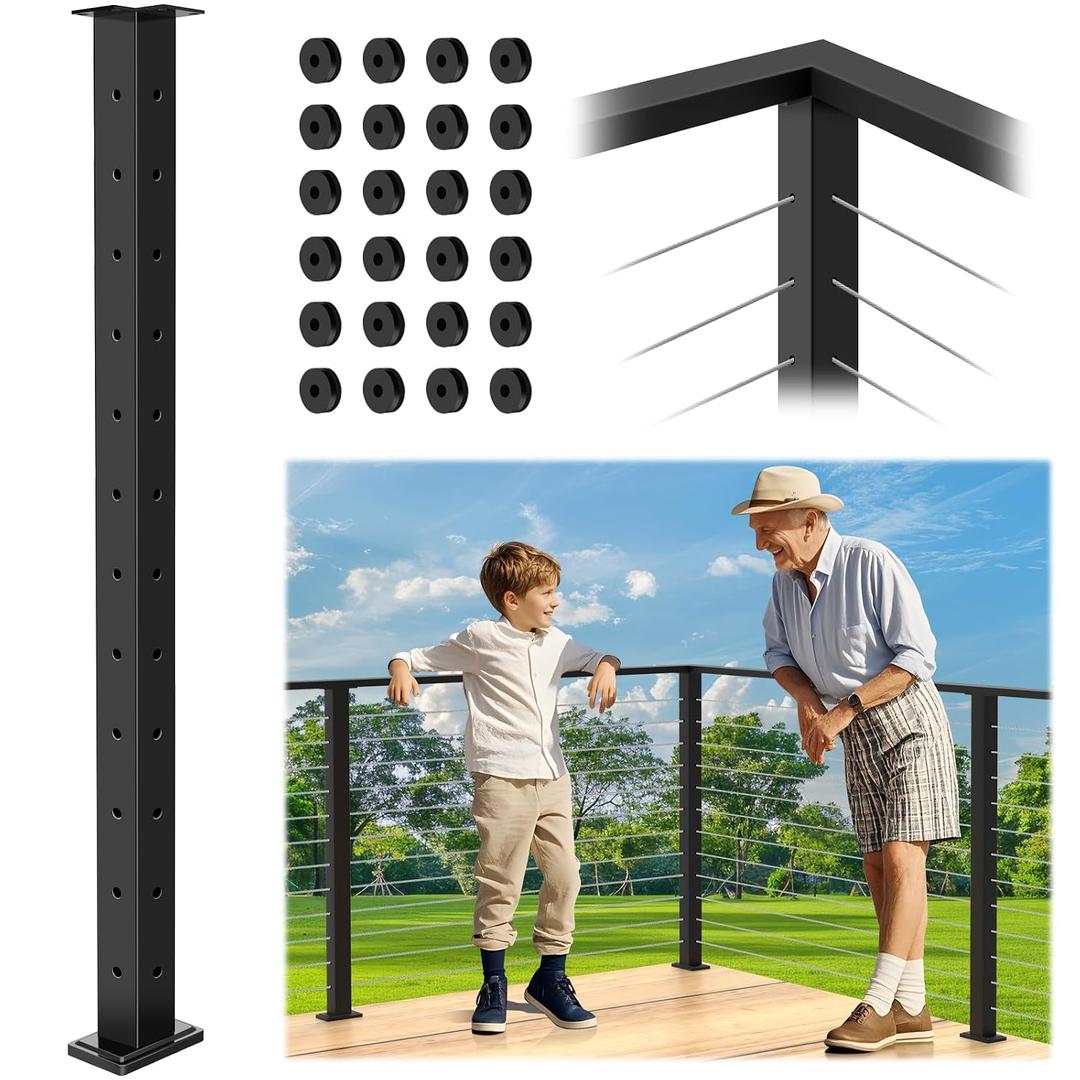 42" Cable Railing Corner Post, 90° L-Drilled Railing Post with Flat Rubber Grommets, Stainless Steel T304 Matte Black Handrail Post, Heavy-Duty Flat Top Corner Post for Deck Railing System