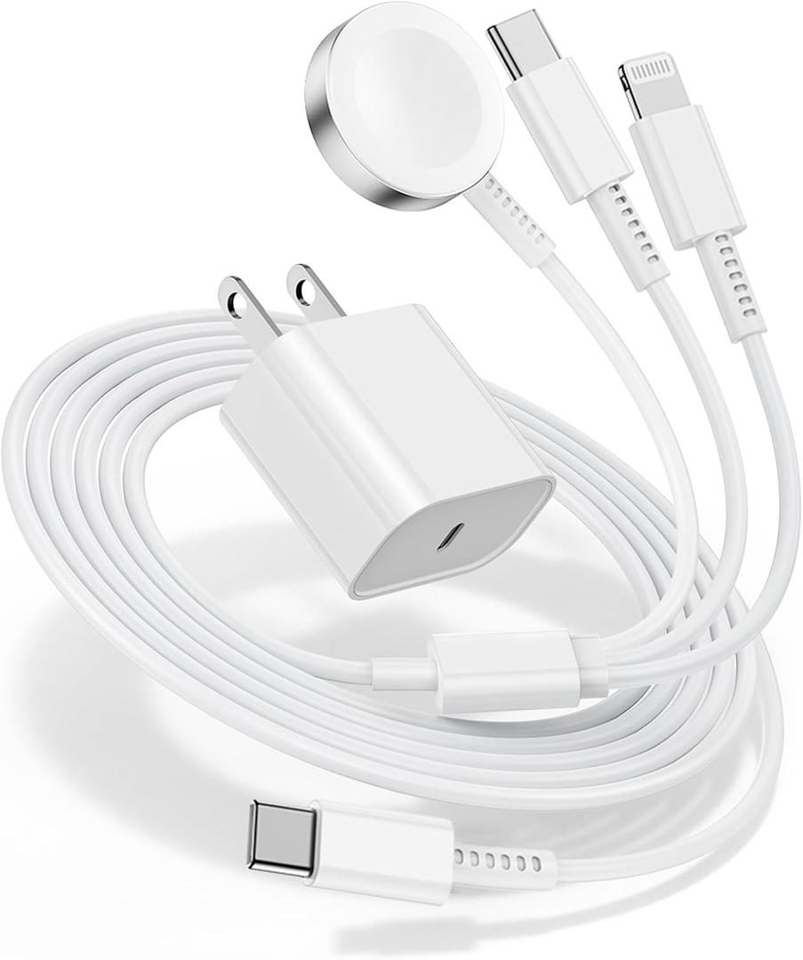 for Apple Watch Charger Fast Charging,3 in 1 Multi Chargers Cable with 20W USB C Charger, iWatch Charger Cord 6FT for iWatch Series Ultra 3/2/SE 3/11/10/9/8/7/6/5/4/iPhone17 15 16 Pro Max/14/13/12/11 (White)