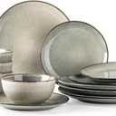 AmorArc Ceramic Dinnerware Sets for 4, 12 Pieces Handpainted Plates and Bowls Set, Scratch Resistant Stoneware Dishes Set, Dishwasher & Microwave Safe, Jade Green