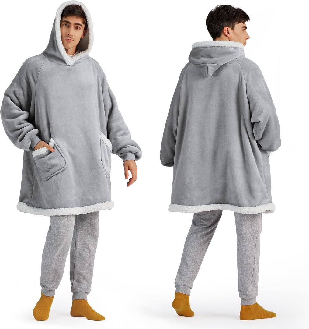 Bedsure Blanket Hoodie, Wearable Blanket for Adults & Kids as Gifts for Women Men, Mothers Day Hoodie Gifts for Mom Birthday, Grey, Oversize