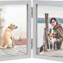 FOREV 3.5x5 Double Picture Frame Wooden Hinged Photo Frame Definition Glass Stand Vertically on Desktop or Tabletop Silver