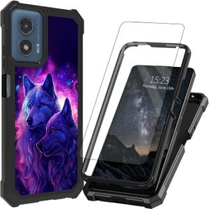 for Motorola Moto G 5G 2024 Case/Moto G Play 5G 2024 Case with Screen Protector Dual Layer Structure Protection Corner TPU Bumper Phone Cover,Blue Purple Wolf